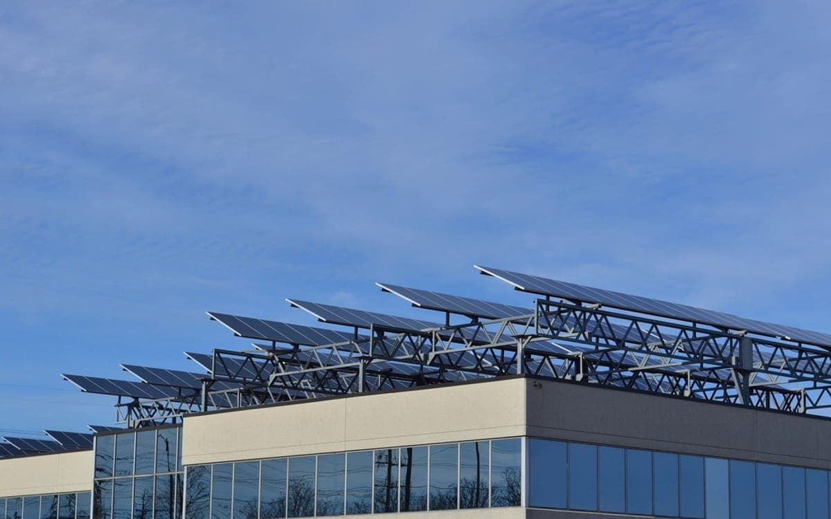Rooftop solar panels on a commercial building